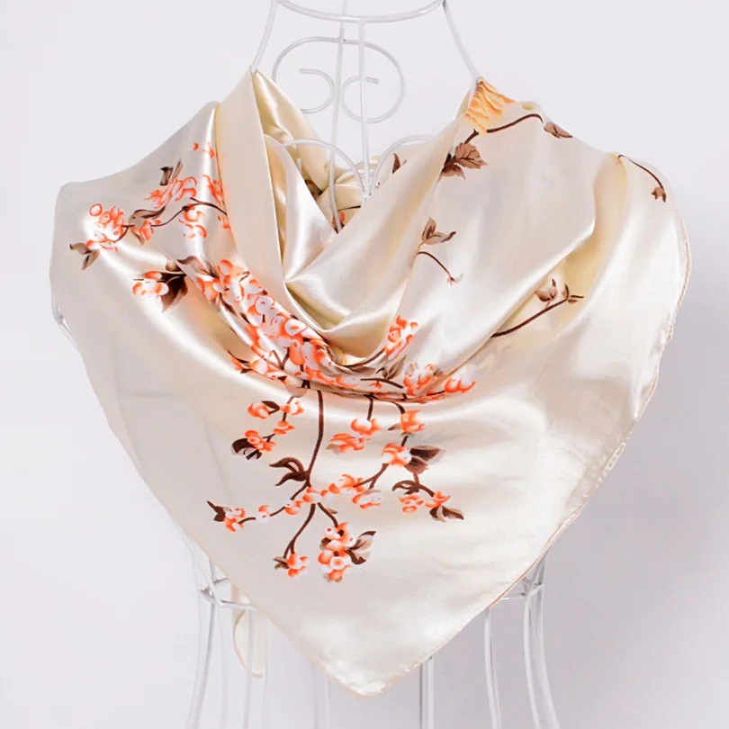 Elegant Navy Blue Silk Scarf with Chinese Rose Design - Large Square Ladies' Fashion Accessory
