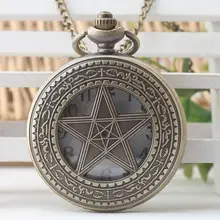 Nova Moda Pentagrama Bronze escavar Esqueleto Vento Mão Relógio de Bolso Das Mulheres Dos Homens Relógio de Presente Cadeia