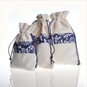 

50pcs Dark blue printing linen gift bag Can be used to store jewelry and wedding party Christmas candy packaging free shipping