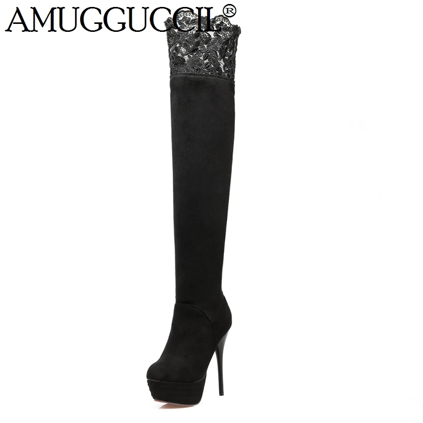 

2016 New Plus Big Size 31-46 Black Blue Red Platform Fashion Sexy Over The Knee Thigh High Heel Autumn Winter Women Boots X1568