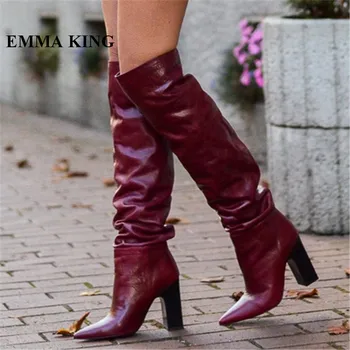 

Runway Wine Red Chunky Heels Thigh High Boots Sexy Lady Leather Pleated Over The Knee Boots High Heels Party Dress Shoes Women