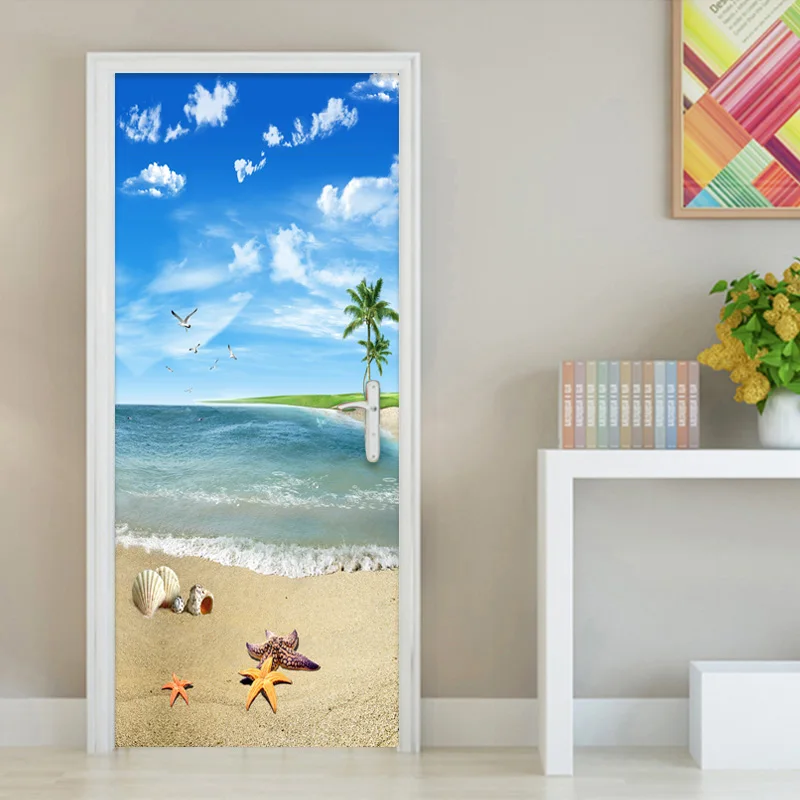 PVC Self Adhesive Waterproof Door Sticker 3D Seaside Landscape Mural ...