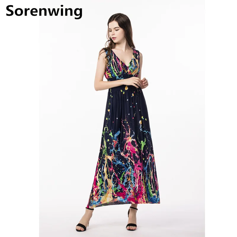 

Sorenwing women maxi dress Top Selling Printed Robe summer Elegant Sleeveless long Vestido Floral Print Boho Beach Dress W27