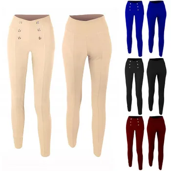

Women Fitness Stretch Leggings Elastic Waist Button Pencil Pants Skinny Leggins