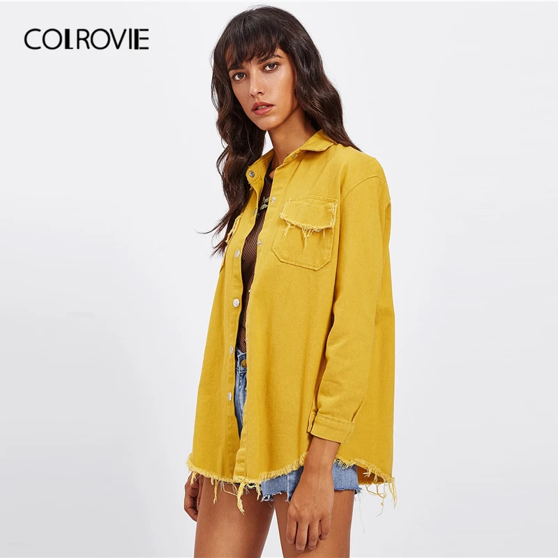 Женская однобортная джинсовая куртка COLROVIE Повседневная Верхняя одежда желтого