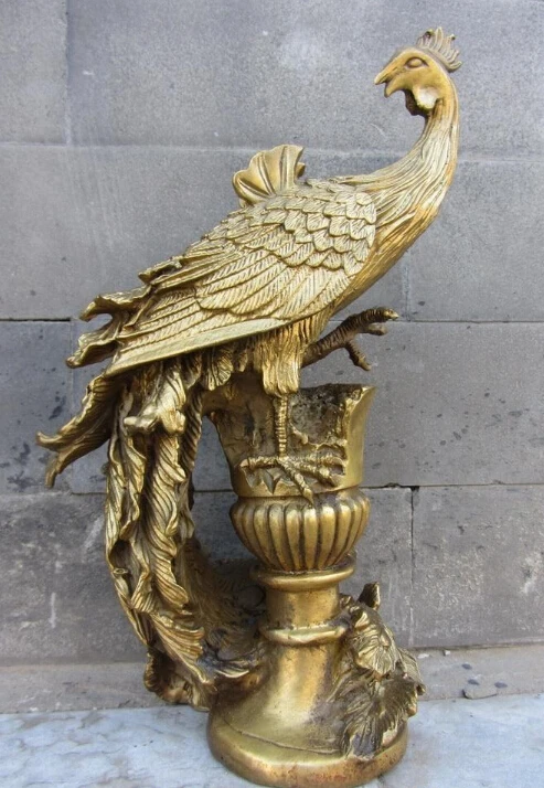 

free Chinese Royal Brass Copper Painted Feng Shui pheasant phoenix Bird Art Statue fast