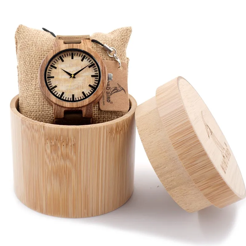BOBO BIRD Mens Watches Bamboo Wooden Quartz Watches with Japan Movement with Real Leather Strap in Gift box for Women