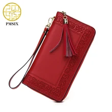 Pmsix 2016 stickerei cattle split leder brieftasche reißverschluss marke lange frauen geldbörsen schwarz rot damen clutch geldbörse p420017