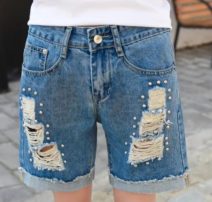 

Large size hole denim shorts women's summer loose casual straight shorts