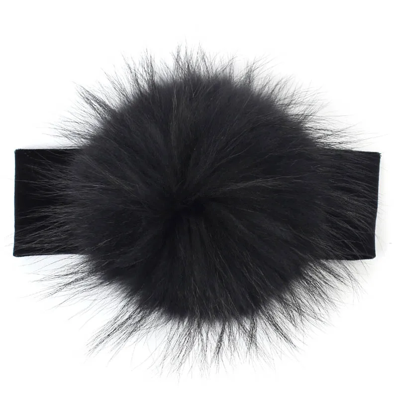 Geebro 15 см мех енота помпонами для малышей плотная велюровая головная повязка для девочек Упругие волосы тюрбан-повязка для девочек повязки для малышей - Цвет: Black Black