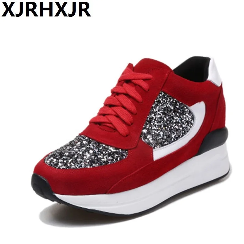 

XJRHXJR 2019 High Quality Spring Glitter 7cm Lady Shoes Elegant Comfortable Ladies Fashion High Heel Pumps Sexy Woman Wedge Shoe