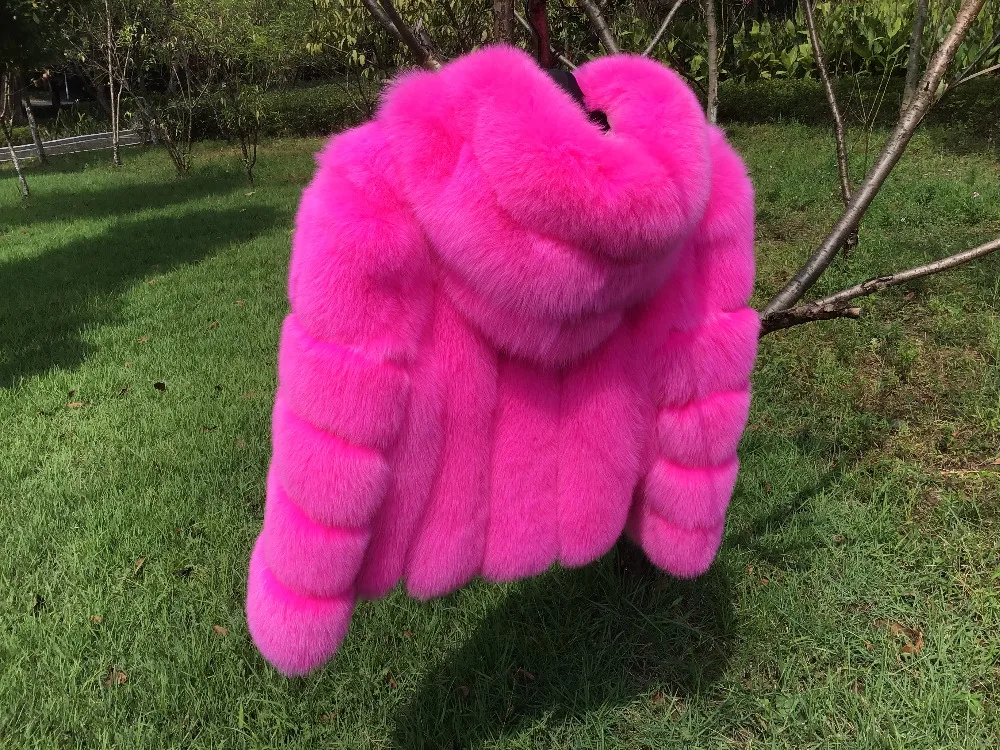 

Pink Fox Fur Vertical stripes patchwork leather stripe hooded coat outwear long sleeve jacket winter parka Plus Size 6XL 7XL