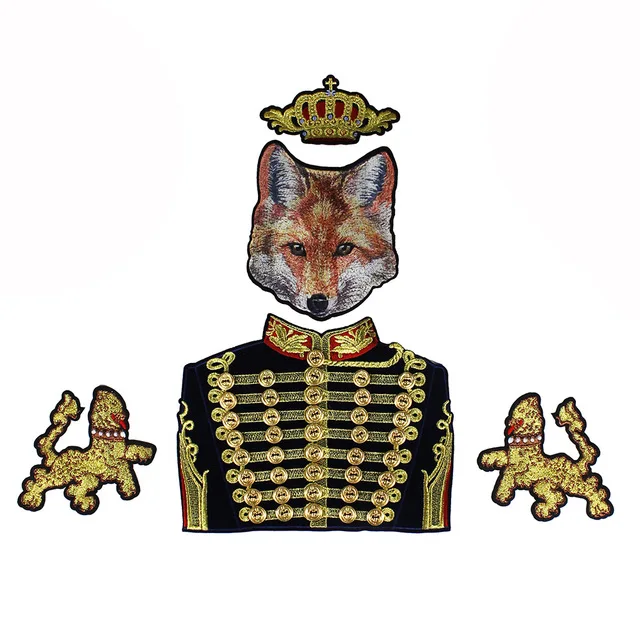

1set Beaded Gold Button Royal Crown Duke Fox Lion Fabric Patches Embroidery Gold Metallic Applique Badges Iron on Craft TH688
