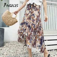 Летние длинные элегантные женские юбки, Повседневная шифоновая юбка для отдыха, высокая талия, цветочный принт, уличная Женская пляжная юбка с подкладкой