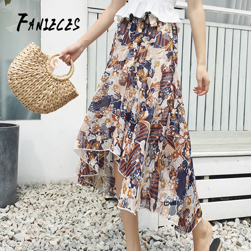

Summer Long Skirts Women Elegant Casual Vacation Chiffon Skirt High Waist Floral Print Streetwear Lady Beach Skirts with lining