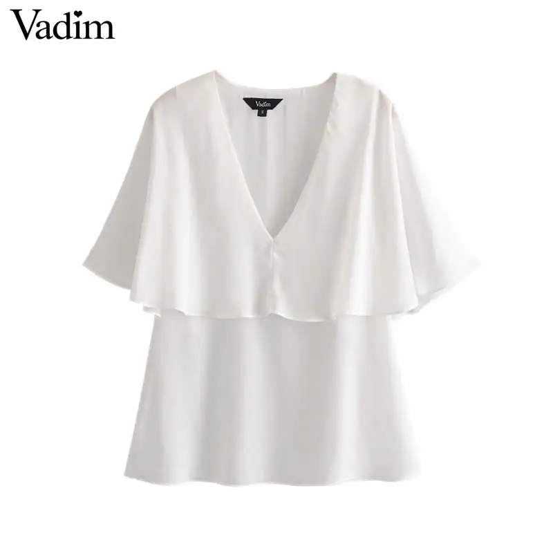 

Vadim women elegant white ruffled chiffon blouses short sleeve chic office wear shirts female stylish tops blusas DA346
