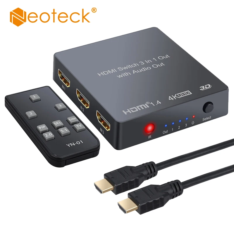 

Neoteck 3x1 HDMI Switch with Audio Extractor Optical Toslink Output Support 4K 3D 1080P PIP HDMI Switcher With Remote Control