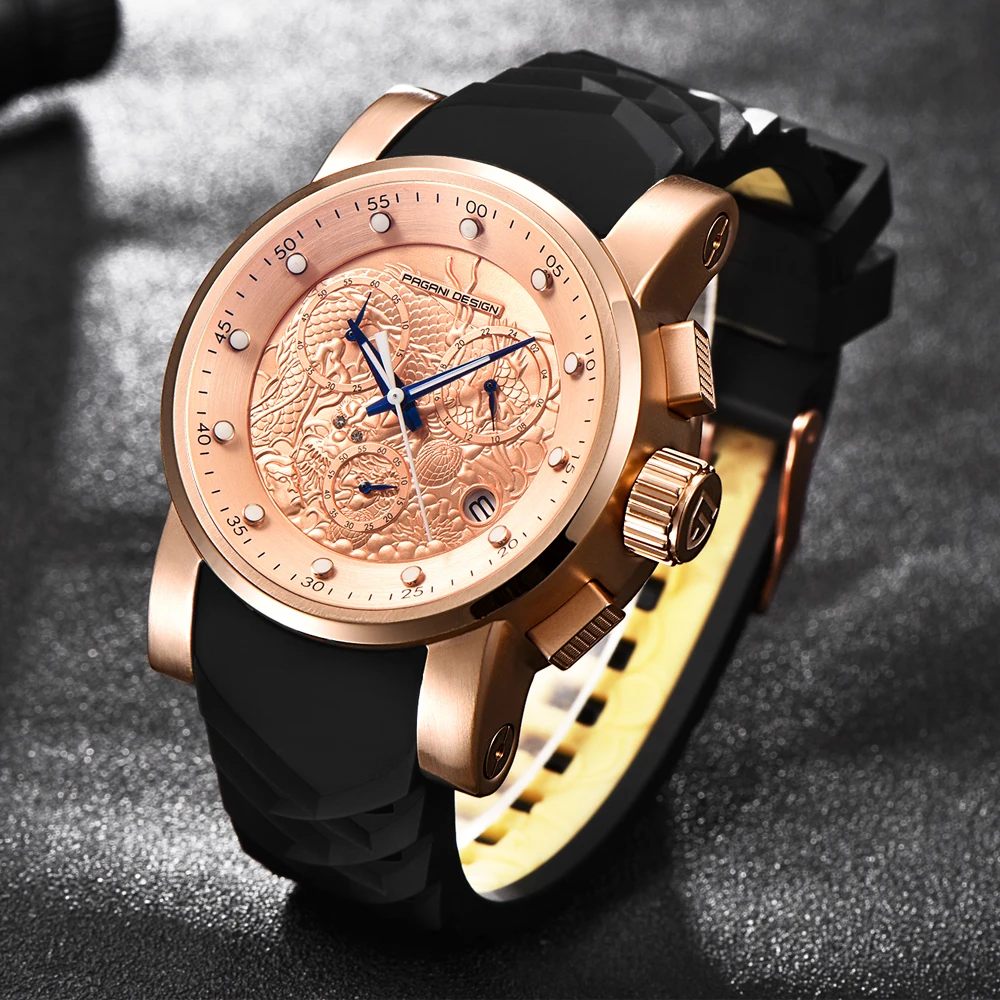 

PAGANI DESIGN Chinese Dragon Chronograph Sport Watches Men Luxury Brand Silicone Strap Waterproof Quartz Watch Relogio Masculino