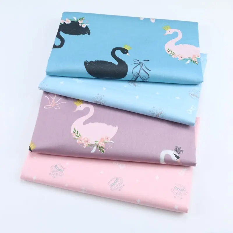 

cartoon elegant black pink white swan crown fabric for DIY bedding dress cushion handwork decor 100% cotton twill PUPRLE BLUE