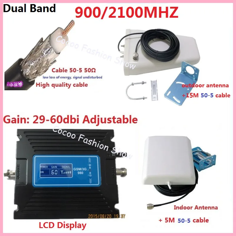 

Gain adjustable dual band GSM 900Mhz +3G WCDMA 2100Mhz mobile signal booster repeater amplifier kits w/ cable 50-5 & gsm antenna