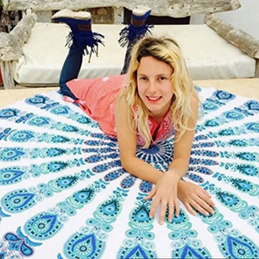 

Bohemian Style Print Blanket Yoga Mat 1Pc Women Sunbath Dress Bath Towel Summer Sunbath Round Beach Towels 5 Colors