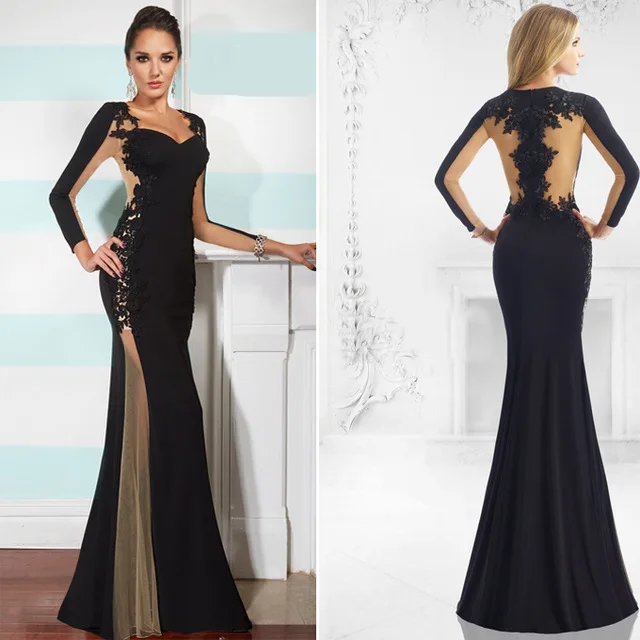 

New 2016 Black V-Neck Mermaid Evening dresses Plus Size Long Sleeve Prom Gown Party Dress Vestido de noche Robe de soiree longue