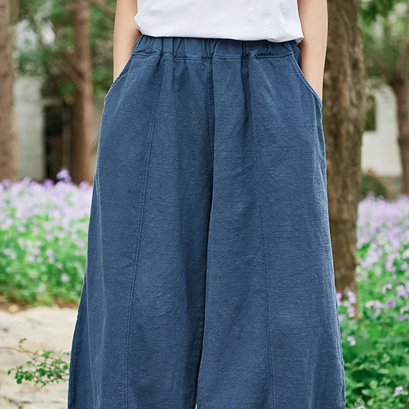 Женские брюки с широкими штанинами эластичный пояс, карманы летние новые винтажные Лоскутные женские брюки однотонные женские брюки