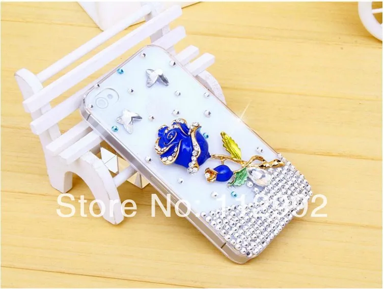 Handmade Bule Rose Bling Diamond Hard Back Case for iphone 4 4s 5 5s Rhinestone DIY Skin Crystal Shinning Protector |