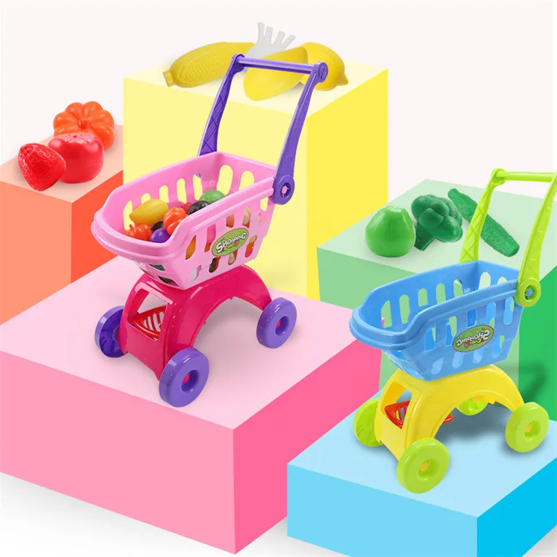 Kids Supermarket Shopping Groceries Cart Trolley Toys For Girls Kitchen Play House Simulation Fruits Pretend Baby Toy 25Pcs/Set