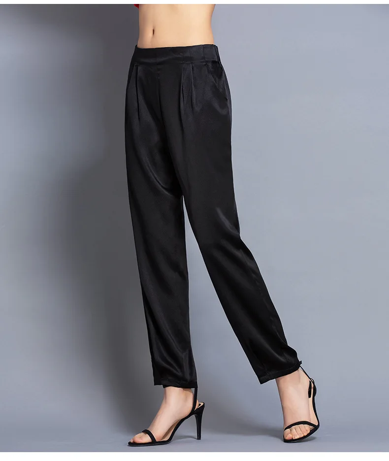 Черные шелковые брюки из шелка тутового цвета, женские летние шелковые повседневные брюки, вертикальные прямые брюки длиной до лодыжки, тонкие летние брюки 190325