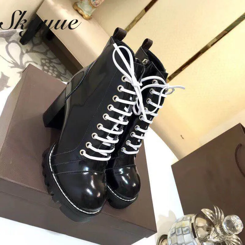 

SKYYUE New Genuine Leather Round Toe Lace Up Women Motorcycle Boots Zip Side Chunky Heel Women Ankle Boots Shoes Women