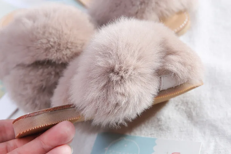 New Spring Plush Slippers Girls Slippers Real Rabbit Fur Shoes Open Toe Slippers All-match Childrens Shoes Summer Home Slippers