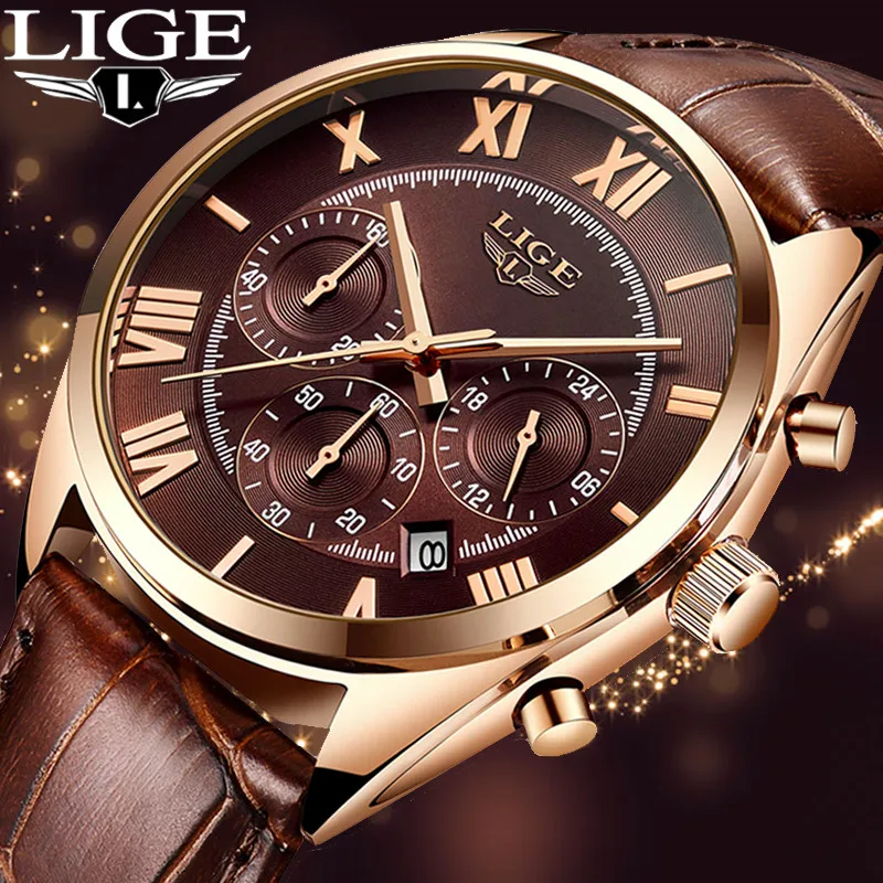 LIGE Fashion Sport Style Top Brand Luxury Quartz Watch Men Leather Brown Strap Waterproof Chronograph Dial reloj hombre | Наручные часы