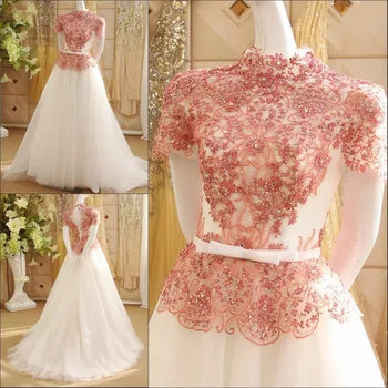 

Elegant A Line High Neck Short Sleeve Long Evening Dress With Lace Crystals Luxury Muslim Formal Dresses Robe De Soiree IZ529