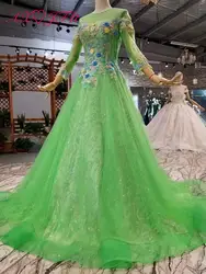 AXJFU Роскошные Принцесса зеленый кружево бисер Кристалл вечернее платье с иллюзией Винтаж цветок вечернее платье 100% настоящая фотография