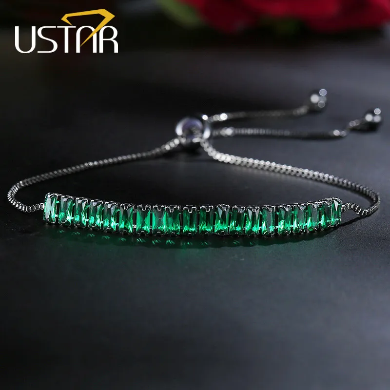 USTAR регулируемые браслеты с квадратными кристаллами для женщин AAA кубический цирконий черный цвет звено цепи браслет и ювелирный женский браслет - Окраска металла: Green