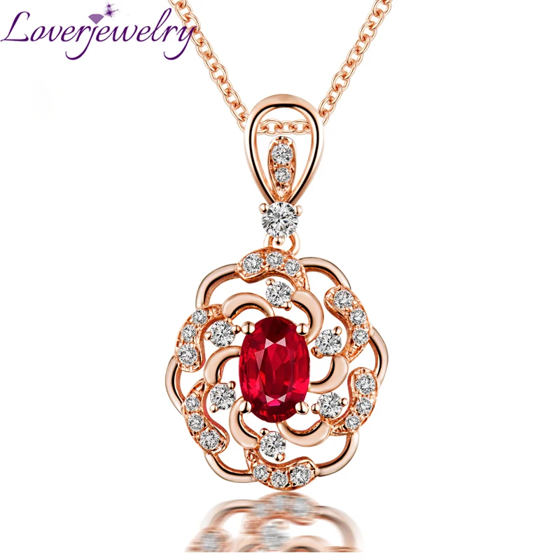 Elegant Red Ruby Pendant font b Necklace b font 14K Rose Gold Natural Diamond Party font