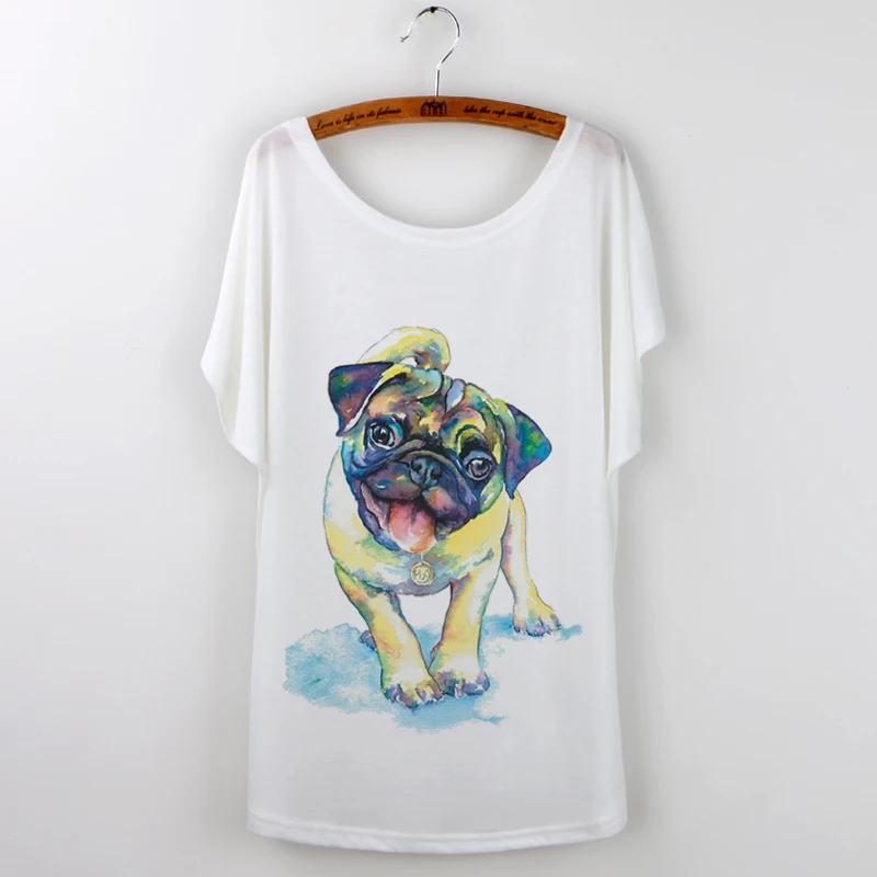 

Summer T-Shirt Women Lovely Funny Pug Loose Batwing Sleeve Print T Shirt Women French Bulldog Tee Tops Femme White Camisetas