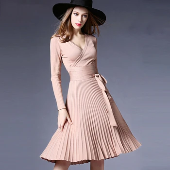 

2019 Women Party Dress Spring Autumn Sexy Elegant Dresses Female Long Sleeve Knitted Pleated Dress Bowknot Dresses Vestidos 328