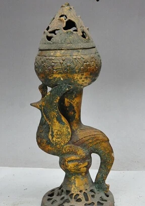 

xiuli 003408 13"old China Dynasty Bronze gilt Phoenix d statue zun incense burner Censer