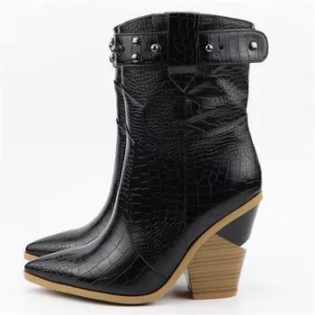 

2020 New European Ankle Boots High Heels Pointed Toe Black Western Boots Woman Shoes Short Botas With Rivet Belt Winter Boots