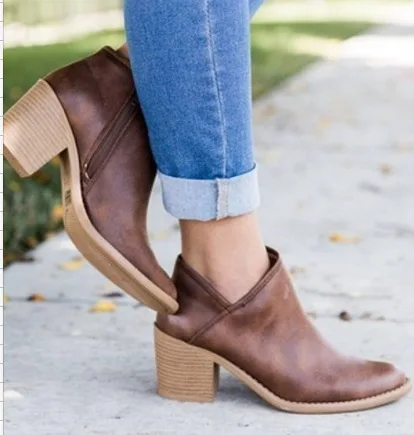 

Fashion Ankle PU Basic Boots Women Pointed Toe Rome Solid Martin Boots Med Square Heel Zip Casual Winter Shoes Plus Size