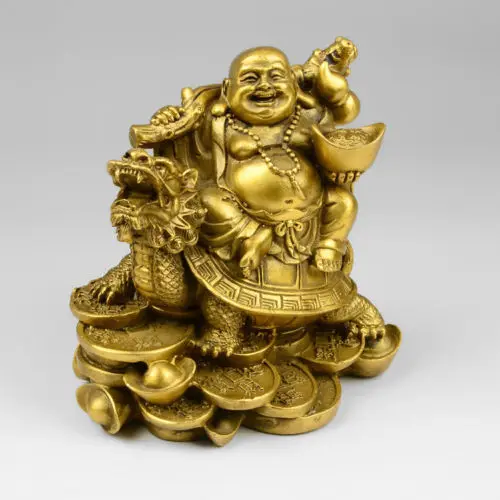 Китайское медное богатство деньги счастливый смех Maitreya Будда на Статуя Дракона черепахи