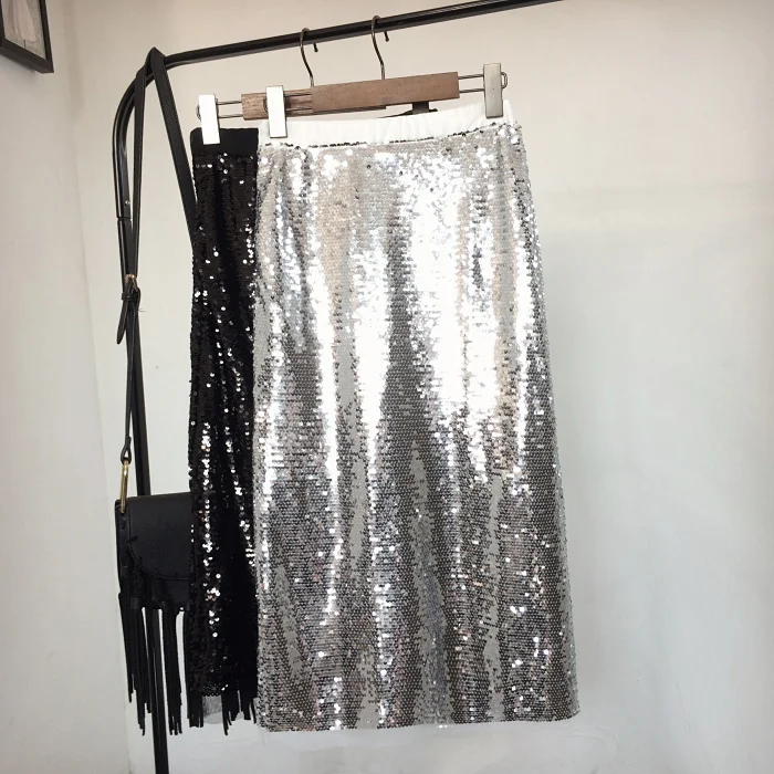 Bling Sequins Mesh Spliced Skirt Women High Waist Casual A Line Skirt Feminino Sparkling Package Hip Skirts LT125S50