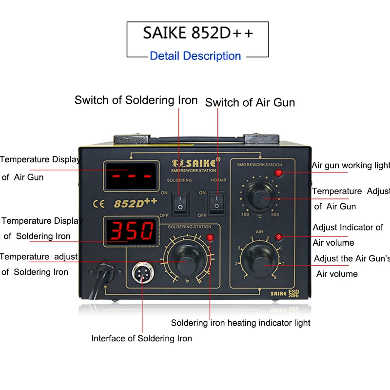 220 В/110 В Saike 852D++ паяльная станция с горячим воздухом BGA De-паяльная станция 2 в 1 с поставкой пневматического пистолета и многими подарками
