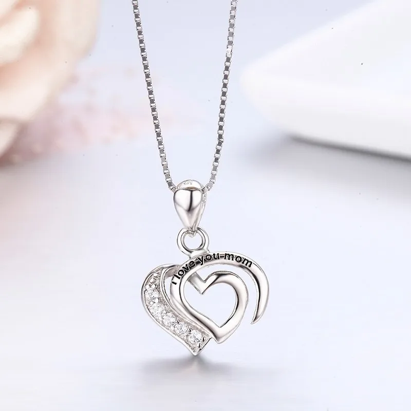 

Cute Mother's 925 Sterling Silver Double Heart CZ Mark I lOVE YOU MOM Pingentes Charms Pendant Necklace Women Jewelry ketting