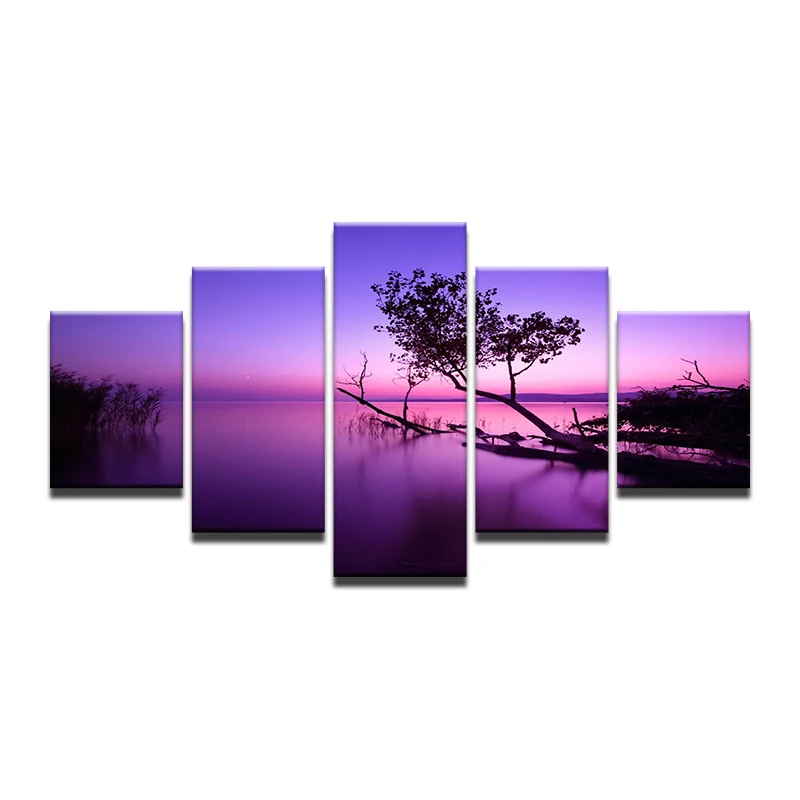 Purple Trees Lake Sunset Nature Landscape Painting 5 Panel Canvas Print Wall Art