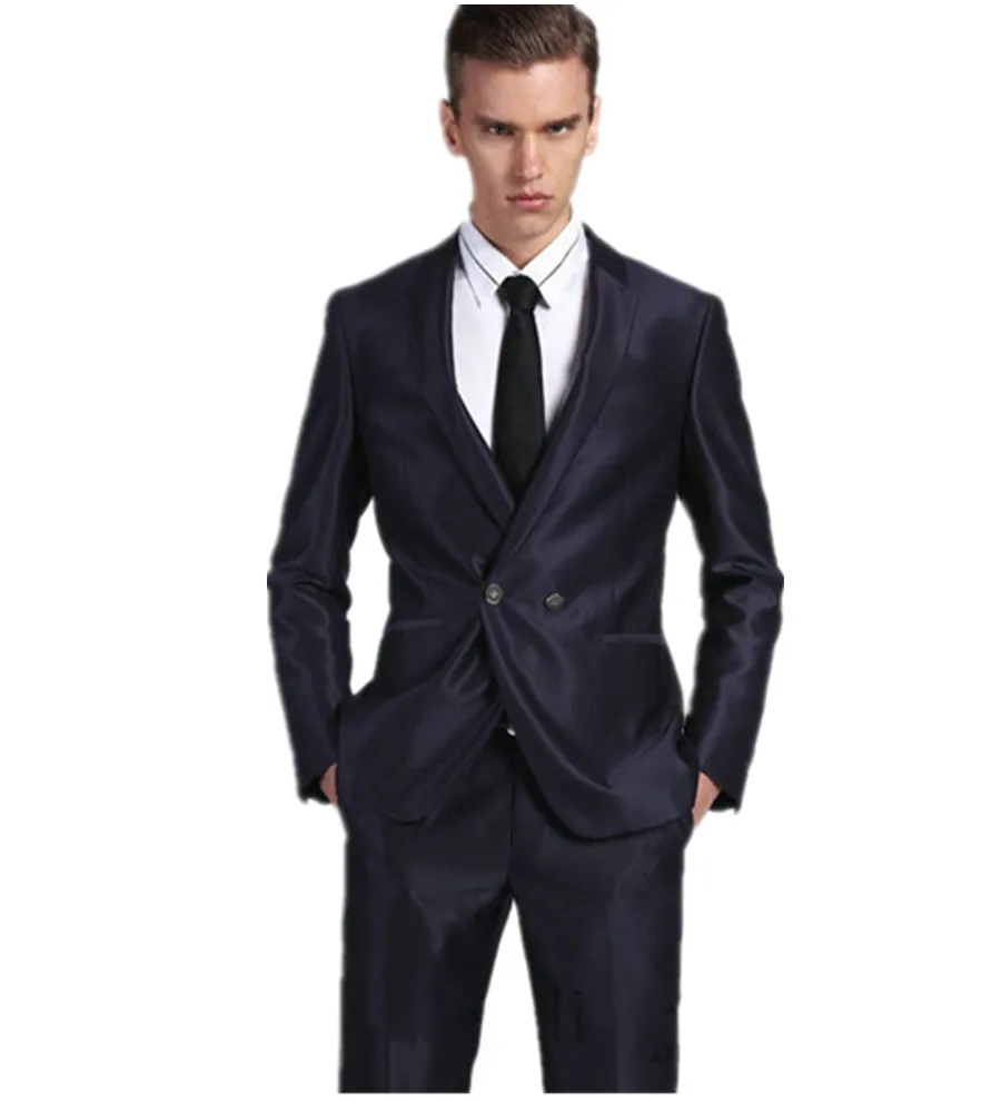 Double Breasted Groomsmen Notch Lapel Groom Tuxedos Shiny Blue Men