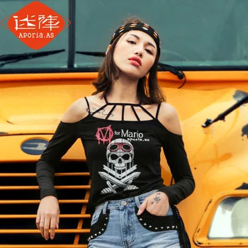 

2019 New Fashion Leisure Hollow Shoulder Print Self-cultivation Black Long Sleeve T-shirt