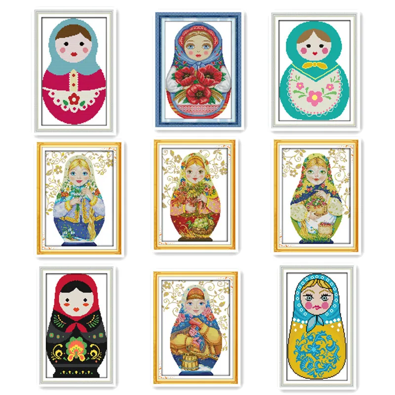 

Russian doll full nine sets of DIY cross stitch kit line embroidery 14CT 11CT white cloth printed cloth decorative paintings